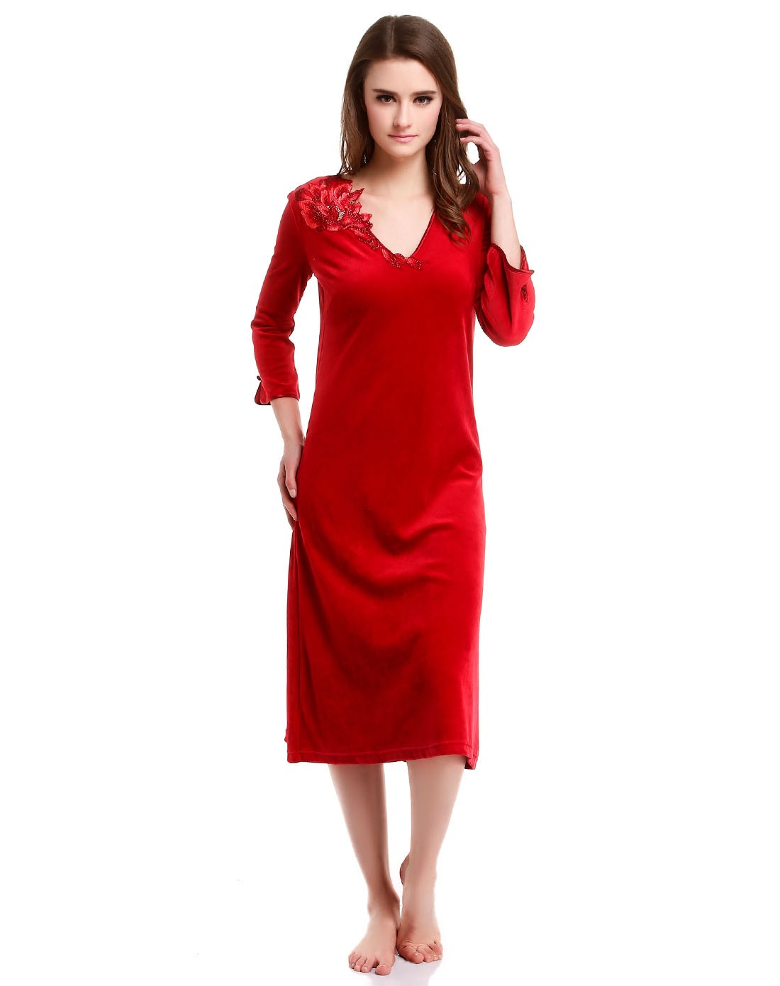 曼妮芬女款红色v领绣花八分袖睡裙