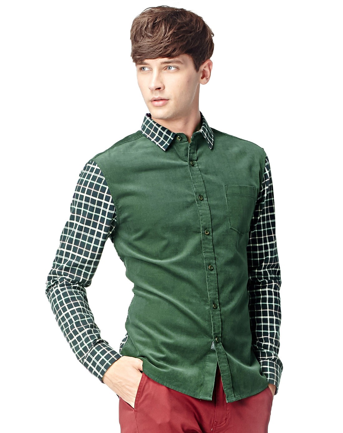 深绿修身型格仔长袖衬衫