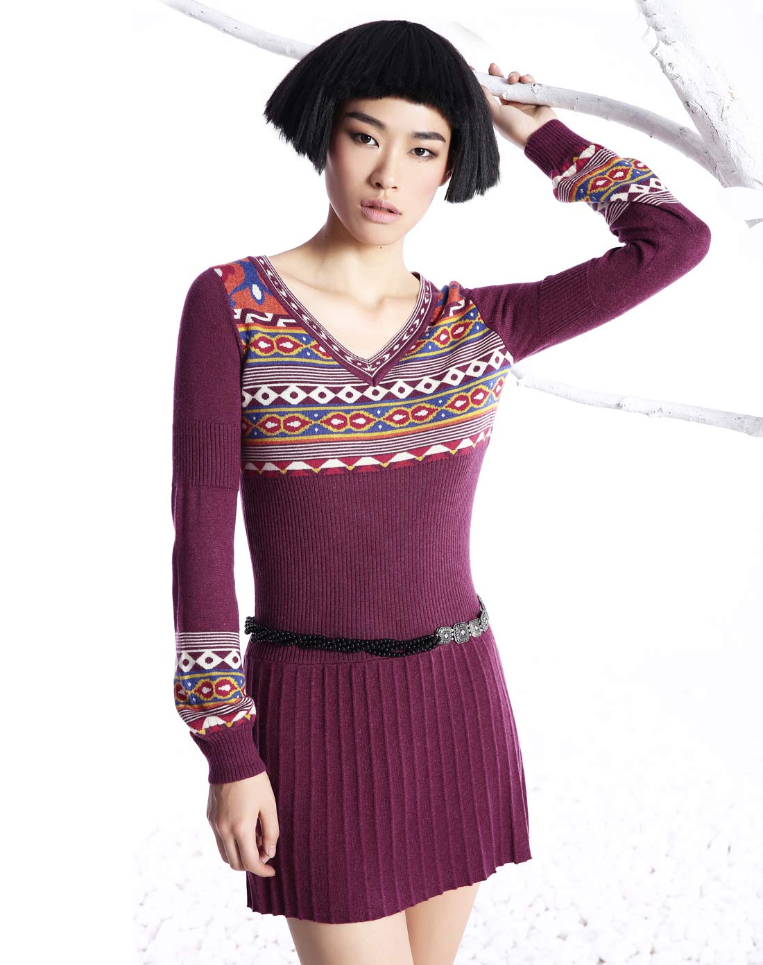 裂帛&莲灿女装莲灿 深红电脑提花修身长袖连衣裙5214020l9606_唯品会