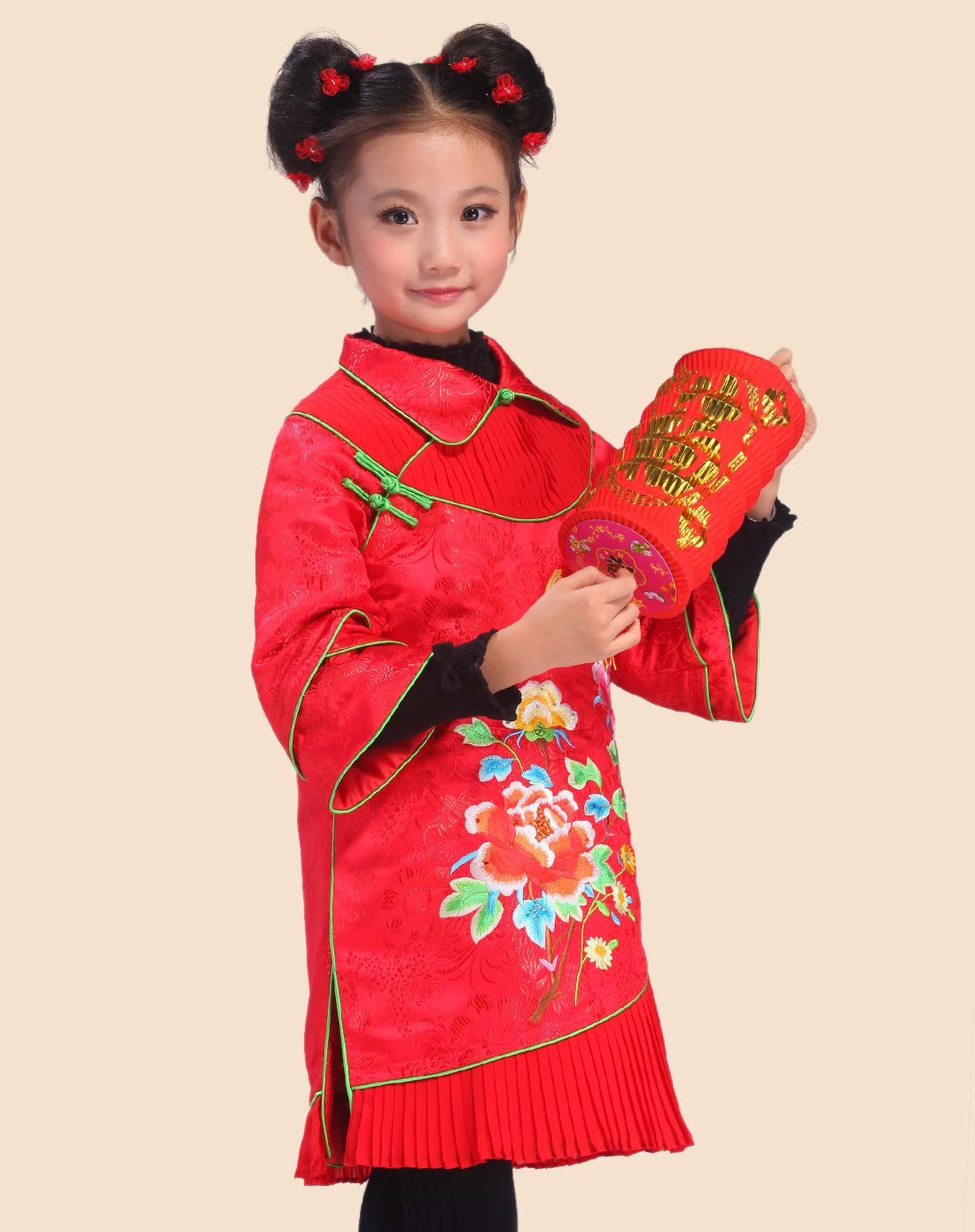 女童大红红藕玉簟立领格格服