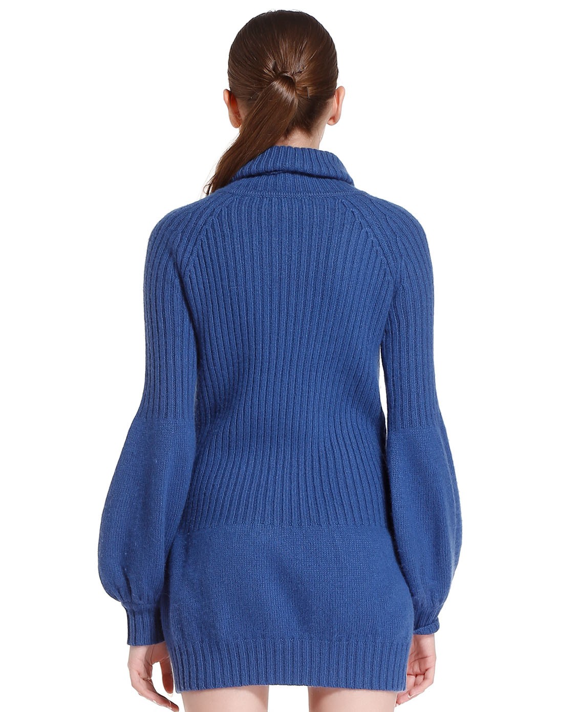 雀蓝色清新高领长袖针织连衣裙