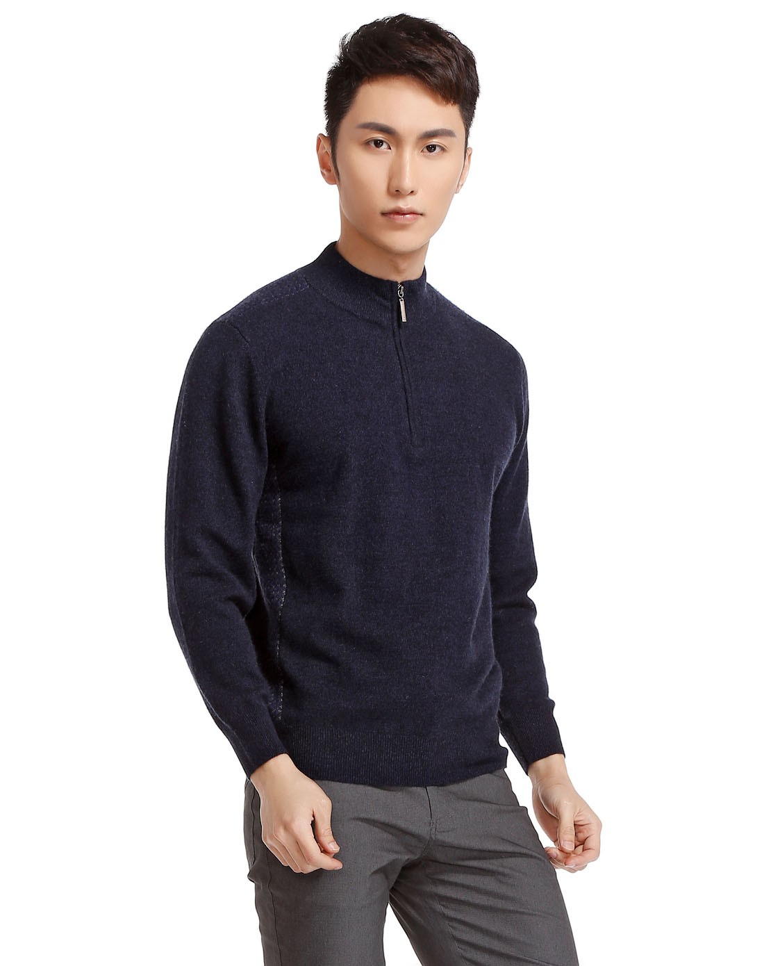 男款蓝黑色立领稳重半开襟长袖羊绒衫