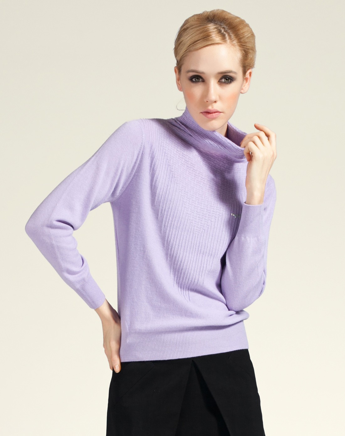 女款浅雪青净色高领纯羊绒套头衫