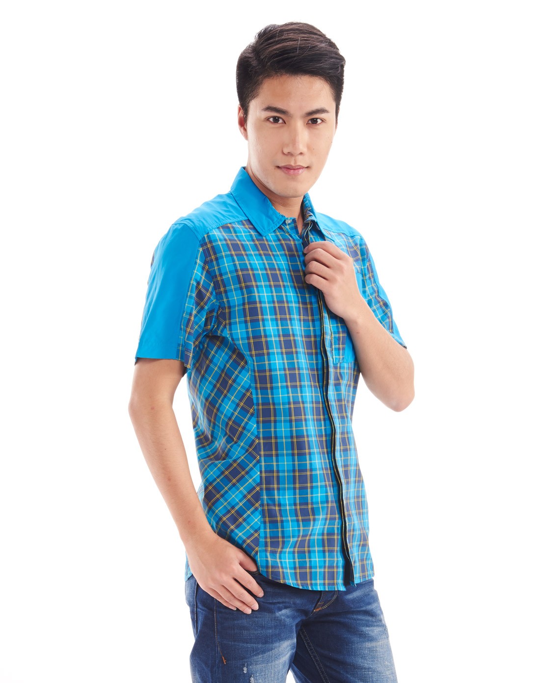 东南亚风情游adidas专场男款蓝色格纹户外系列短袖衬衫z18344_唯品会