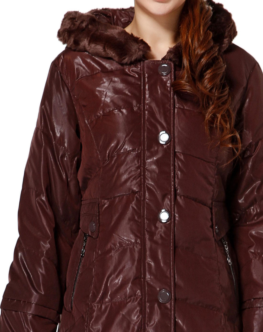 女款深紫红色摩登潮流长款长袖羽绒服