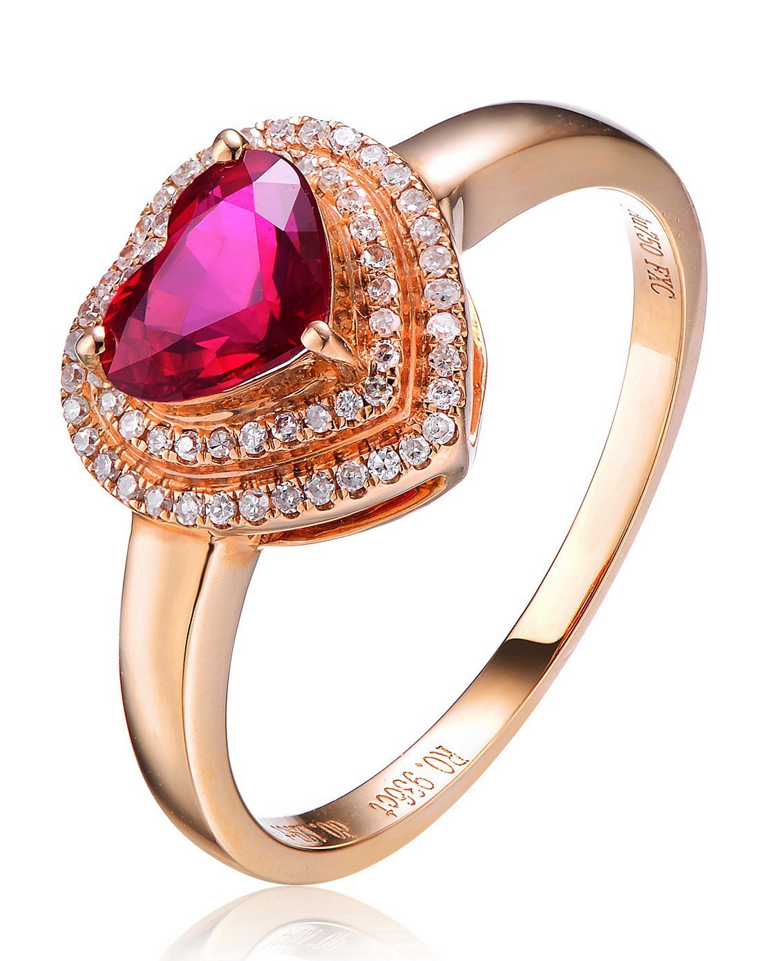 18k玫瑰金群镶钻心形0.936克拉红宝石戒指
