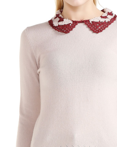 女性浅藕色拼色手钩领套头衫