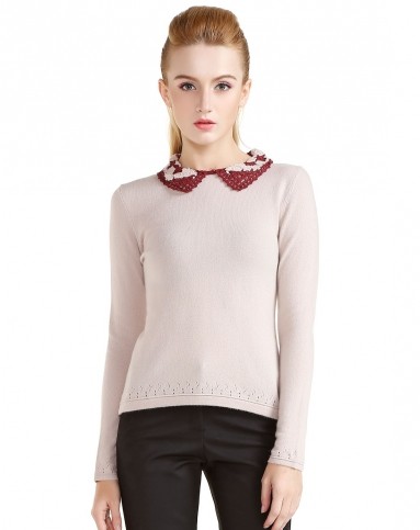 女性浅藕色拼色手钩领套头衫