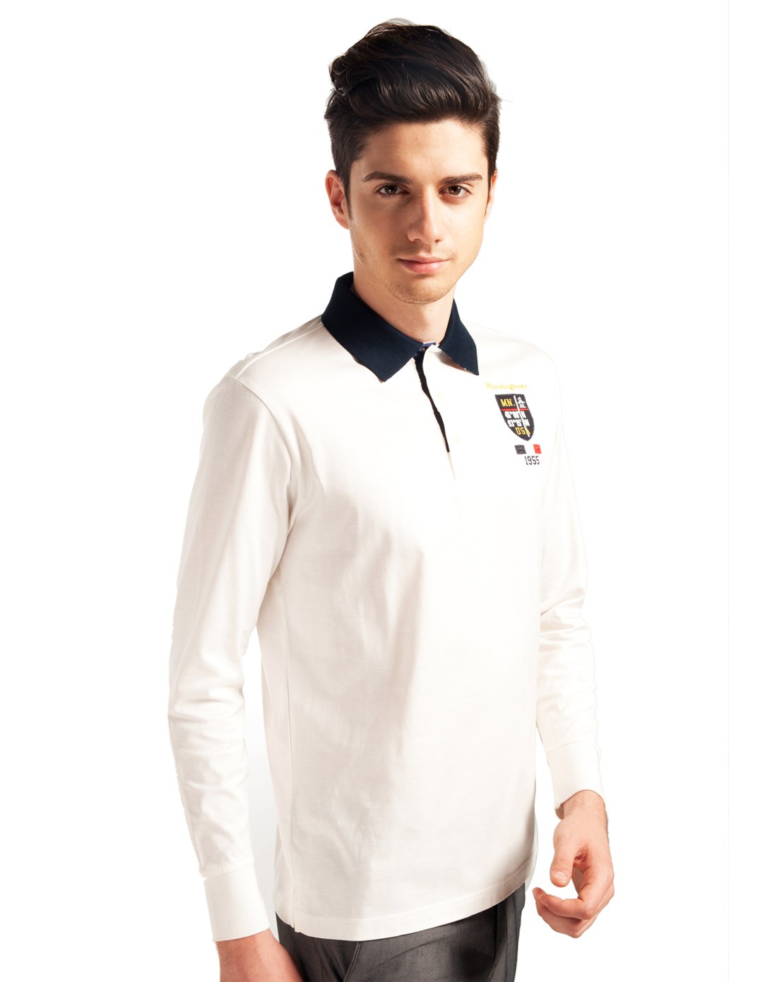 男款白色长袖polo衫 百搭舒适纯棉