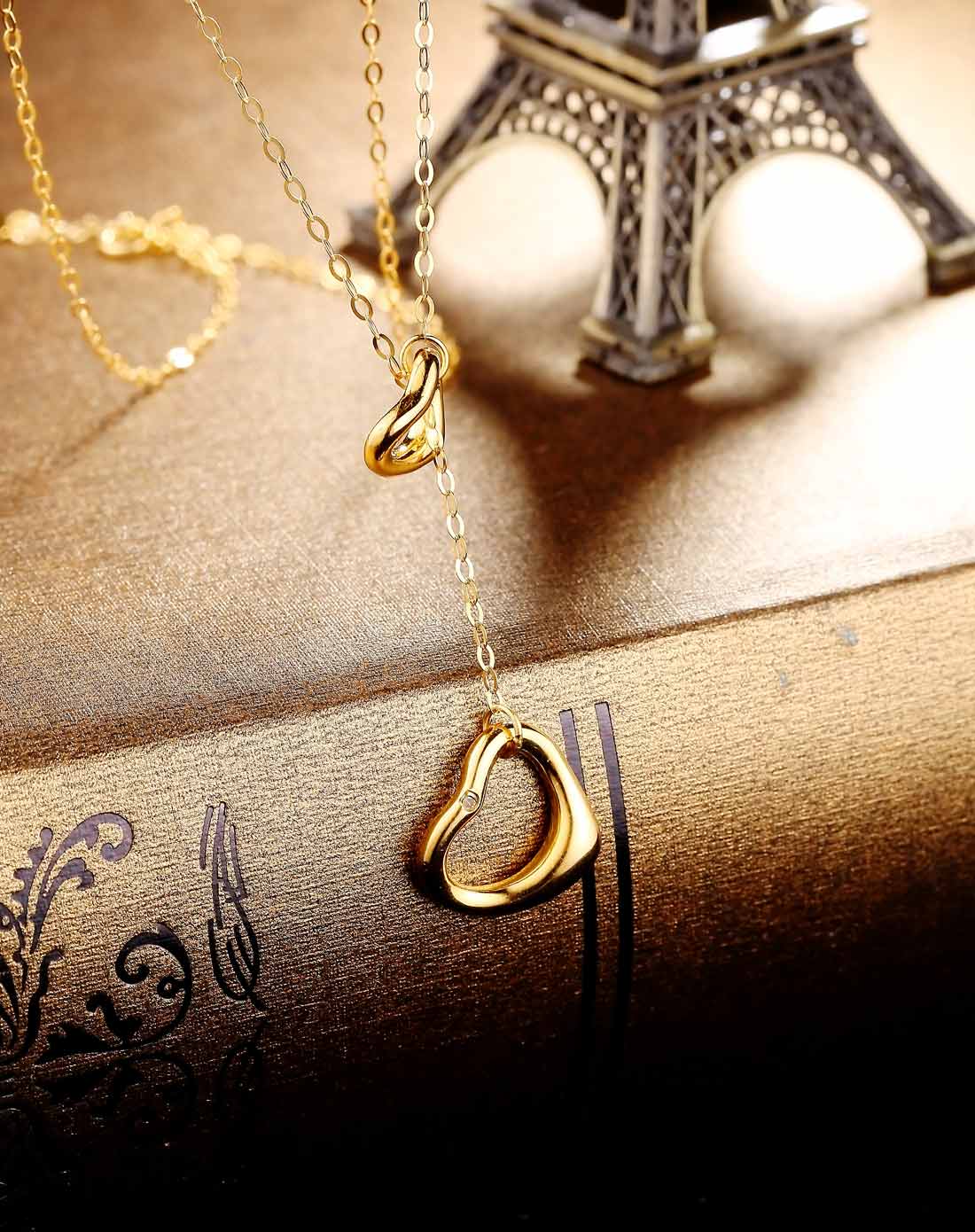 925银南非真钻项链心连心金色