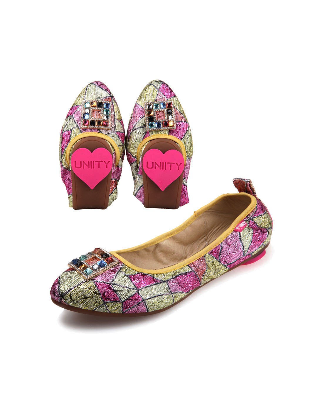 uniity黄红色布面真皮里五彩鉓扣时尚心卷鞋432302_唯品会