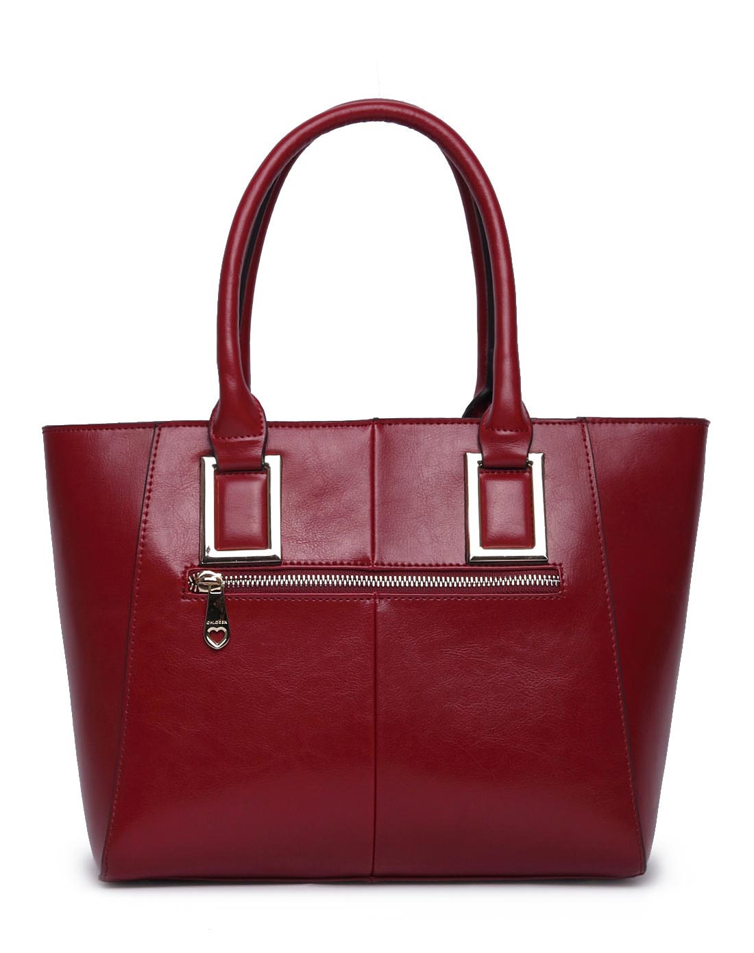 酒红色牛皮倒梯形亮皮手提包