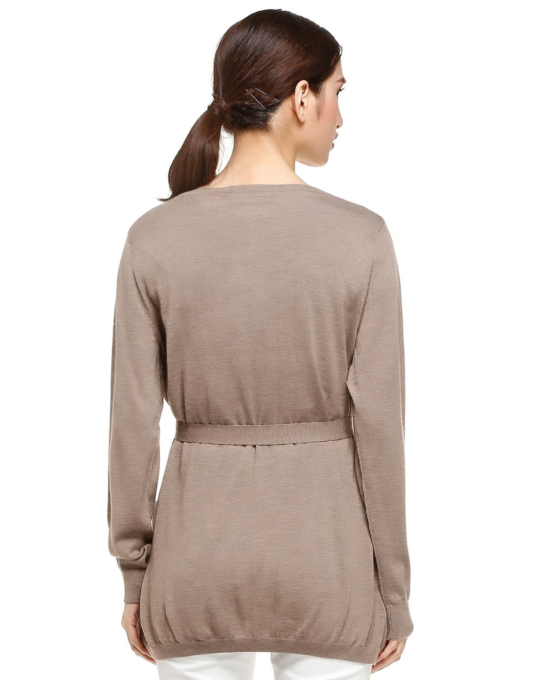 驼灰色简洁经典开襟长袖100%山羊绒衫