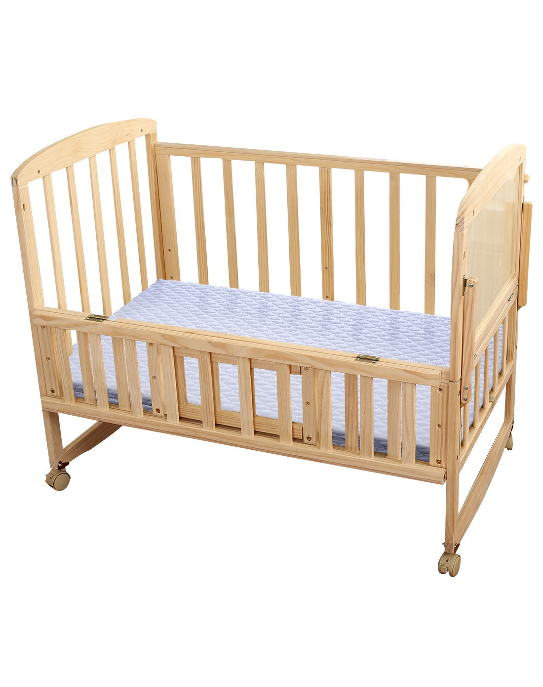 康威实木婴儿床套餐 实木双层自摇婴儿床 针织菱形椰棕床垫 (送蚊帐