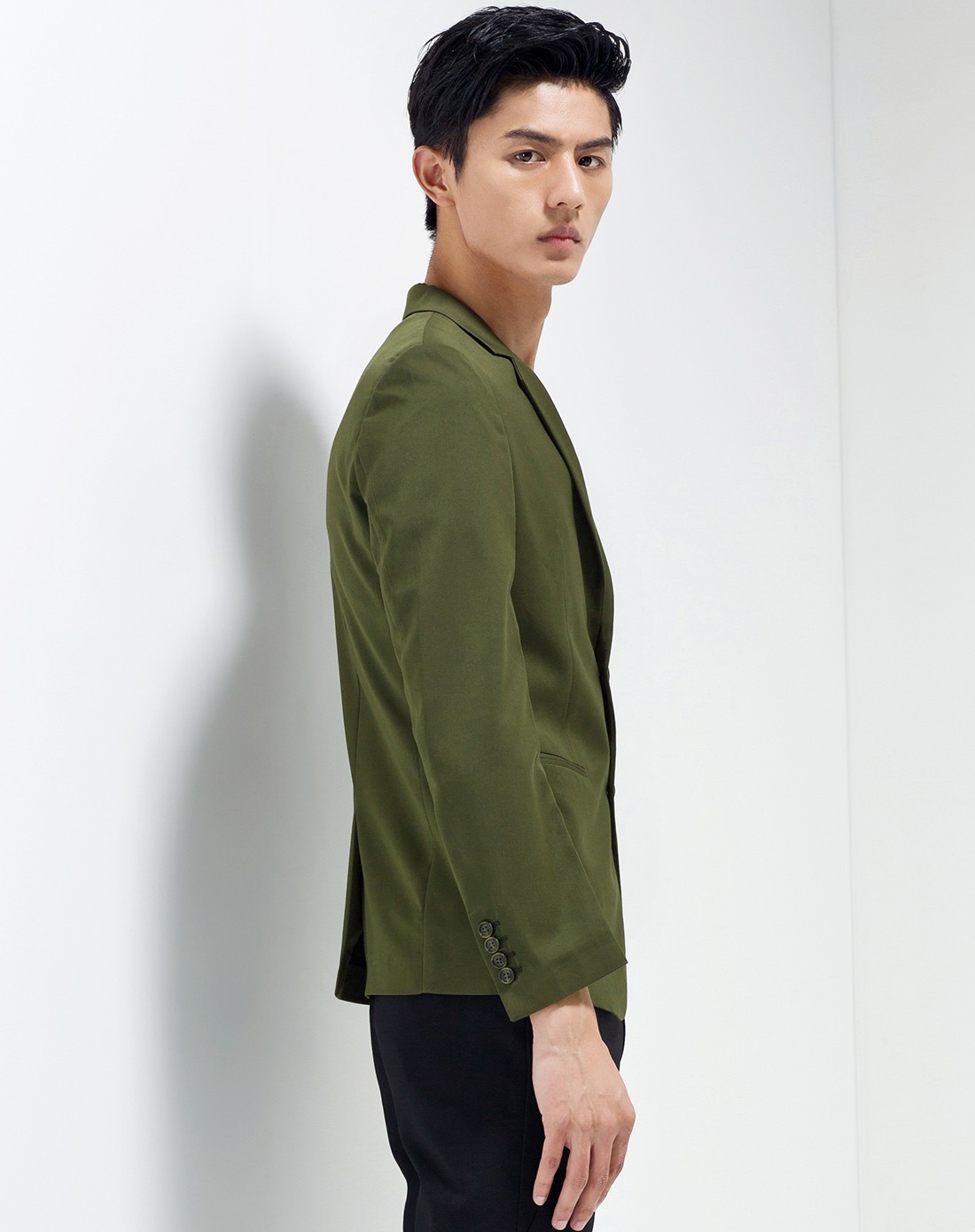 男士军绿色韩版修身单西