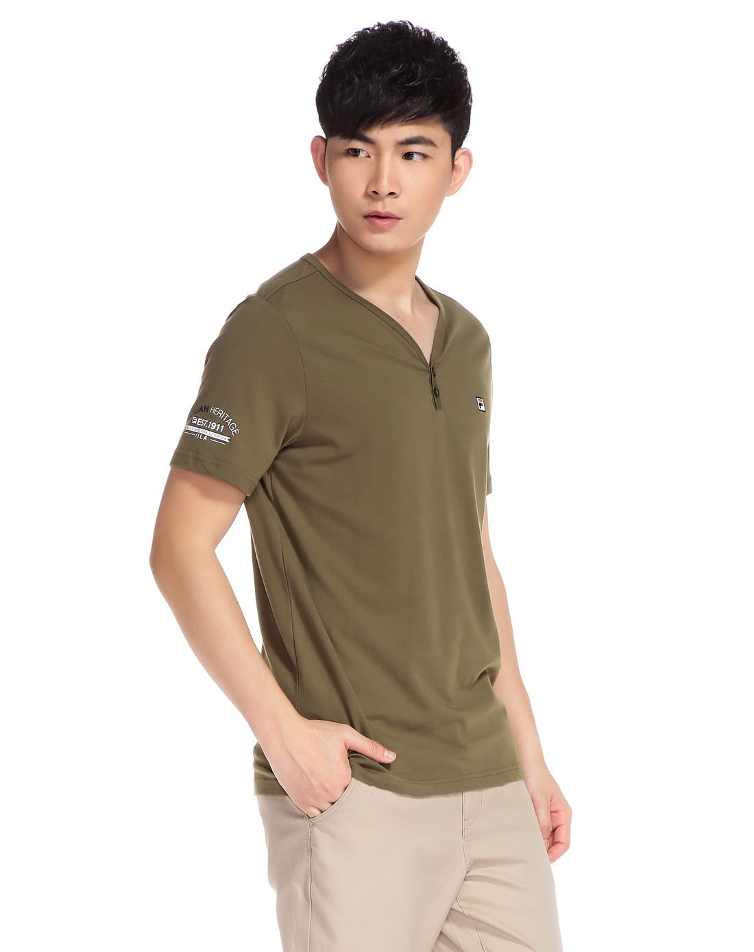 纯棉 男款褐色短袖t恤 柔软v领