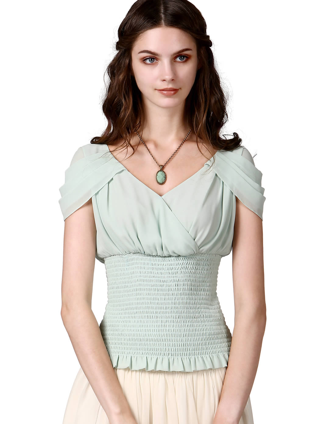 罗马袖交叉领雪纺衫