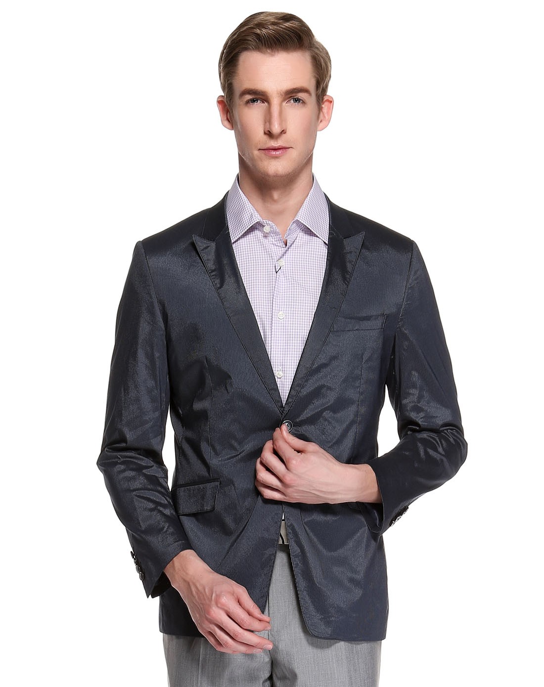 深蓝色绅士商务翻领长袖休闲西服