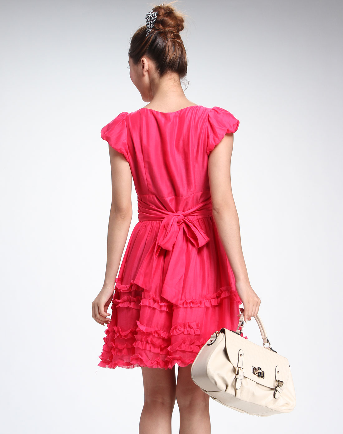 玫红色休闲短袖连衣裙