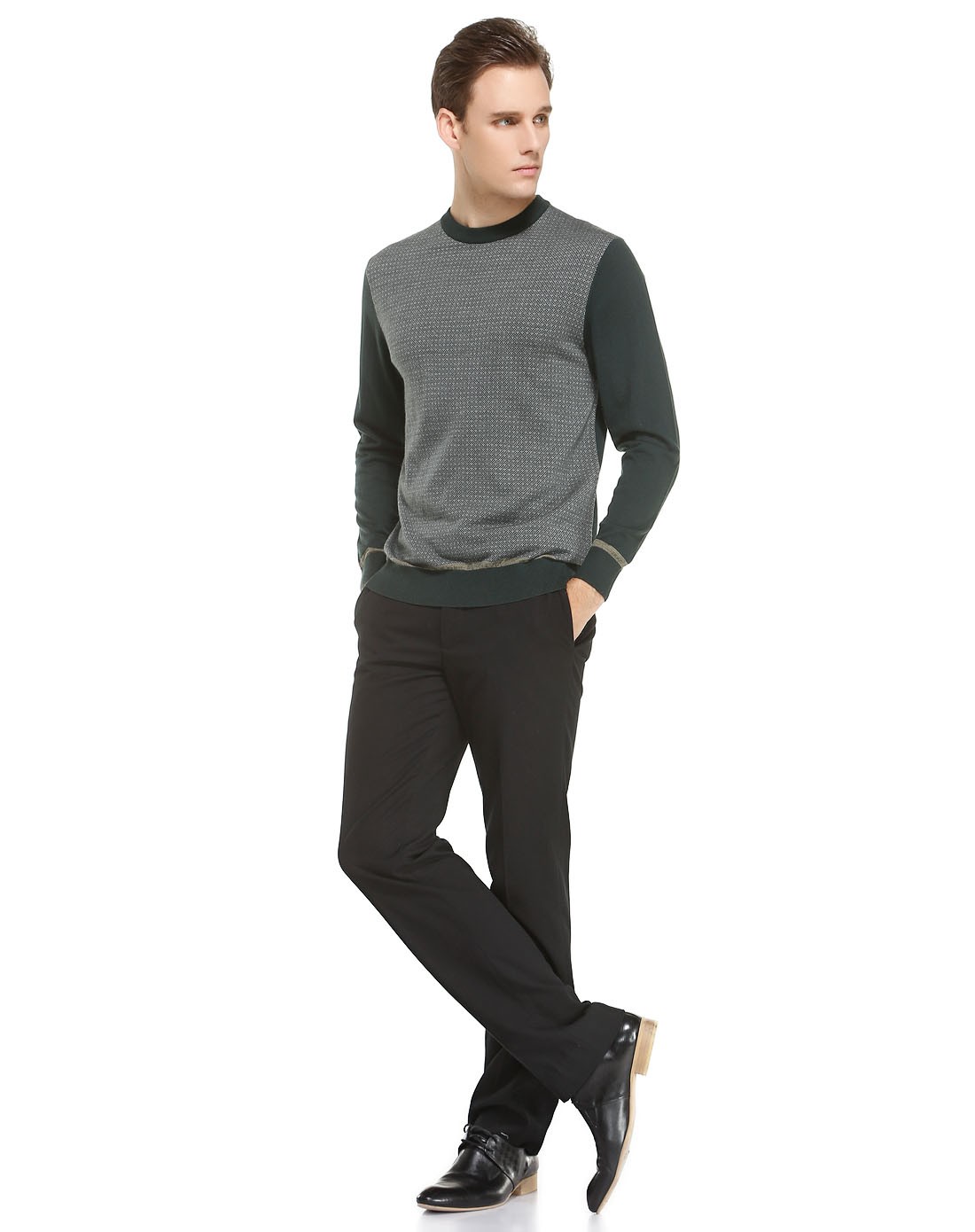 橄榄绿/灰色舒适大方圆领羊毛长袖针织衫