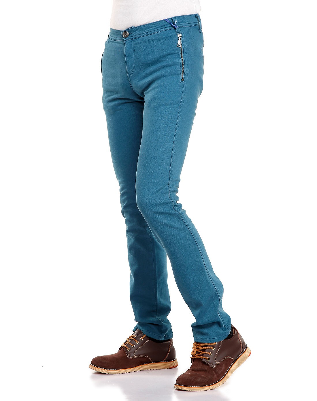 男款蓝绿色个性简约中腰牛仔长裤