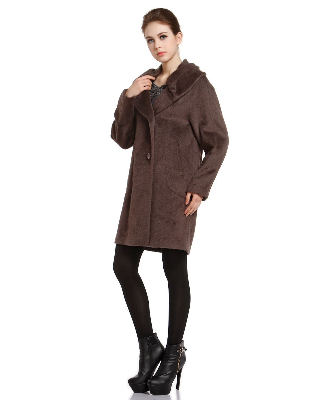 caradisposition灰棕色简洁翻领长袖大衣