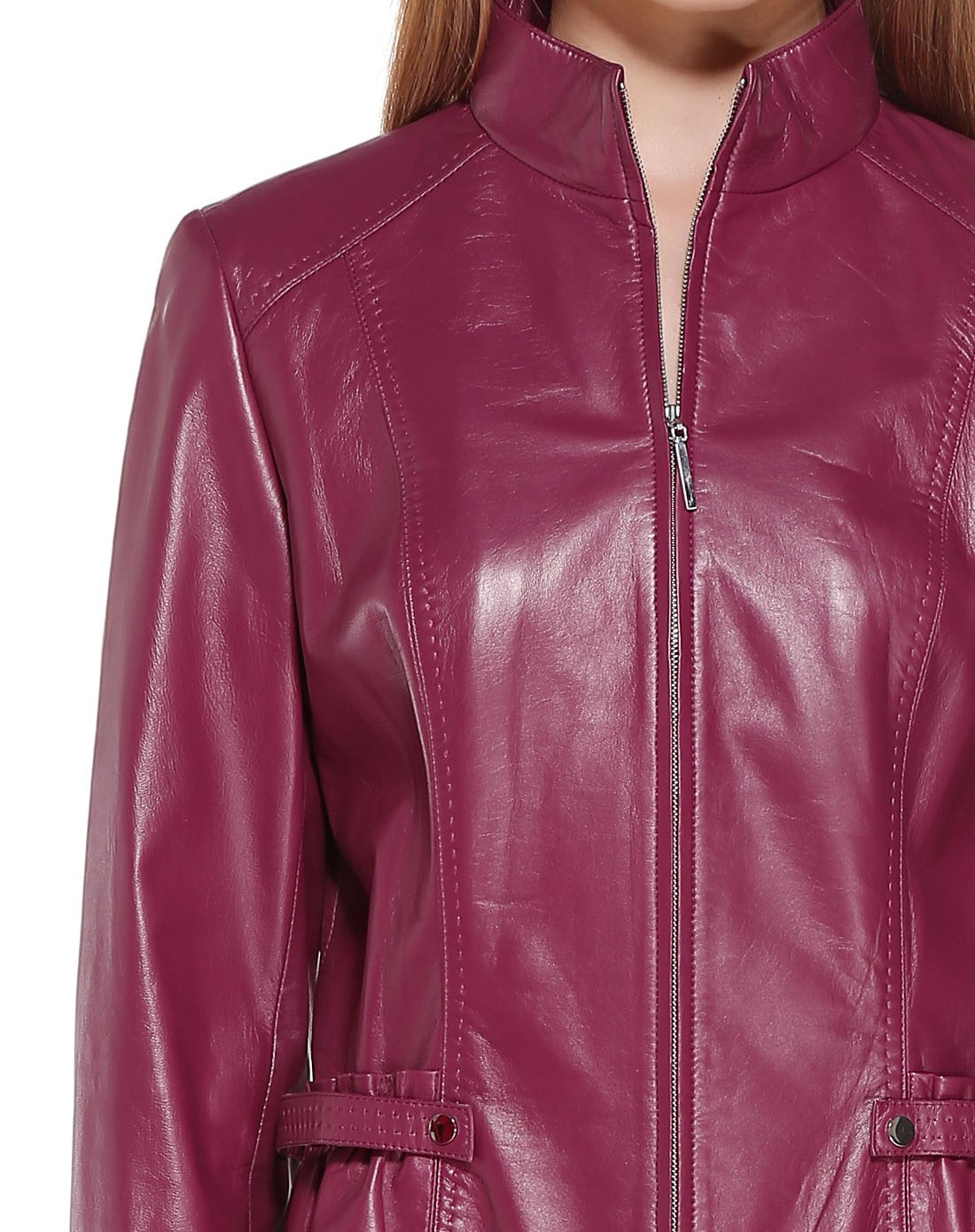 女款玫红色立领时尚长袖皮衣