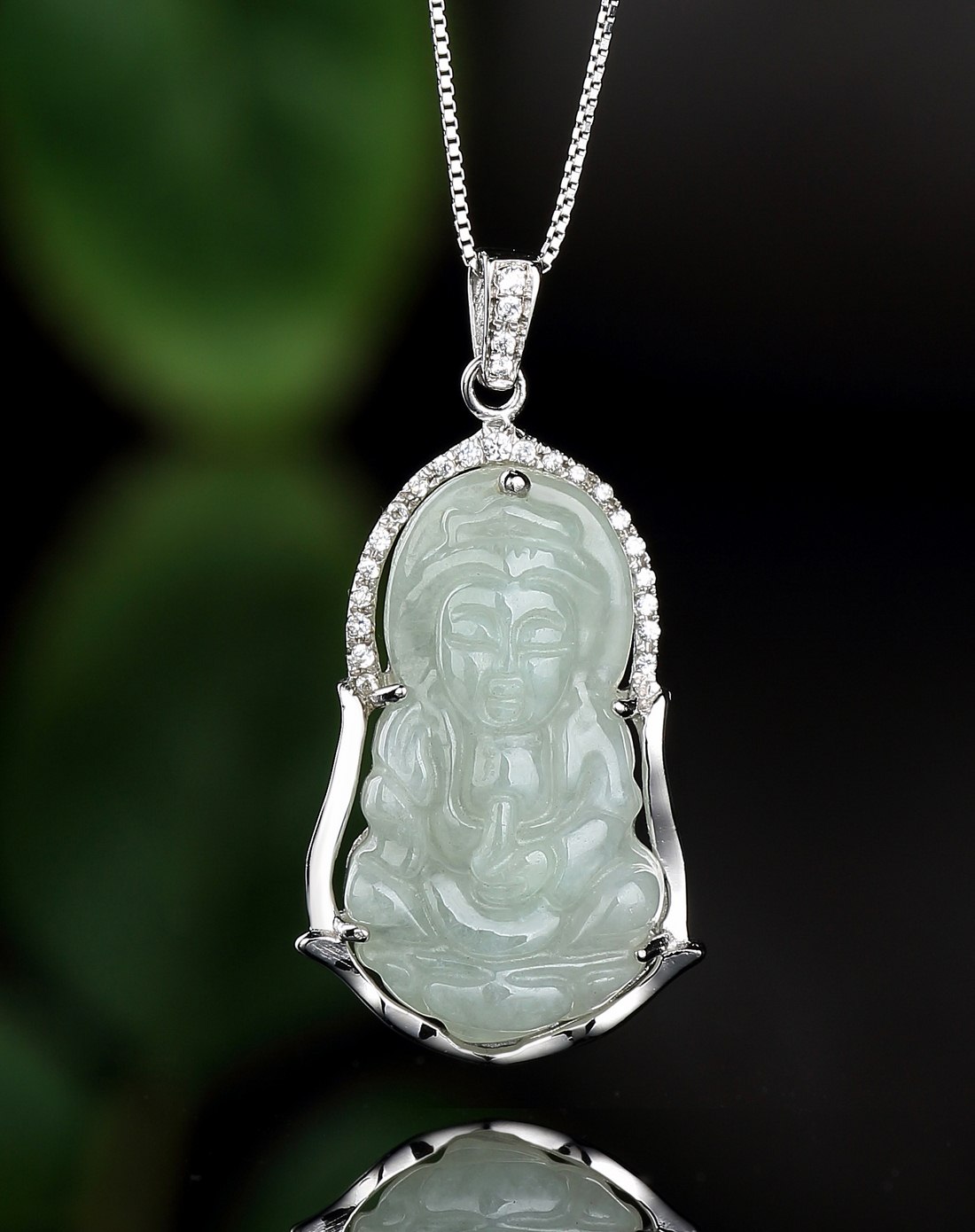 s925银豪华镶嵌糯种绿底赐福观音天然a货翡翠吊坠