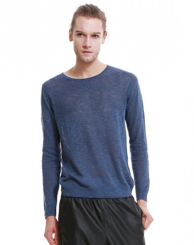 石灰蓝纯色圆领薄款透视长袖毛衫