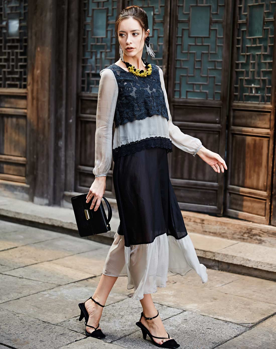 裂帛&莲灿女装莲灿黑灰长袖连衣裙521400550204_唯品会