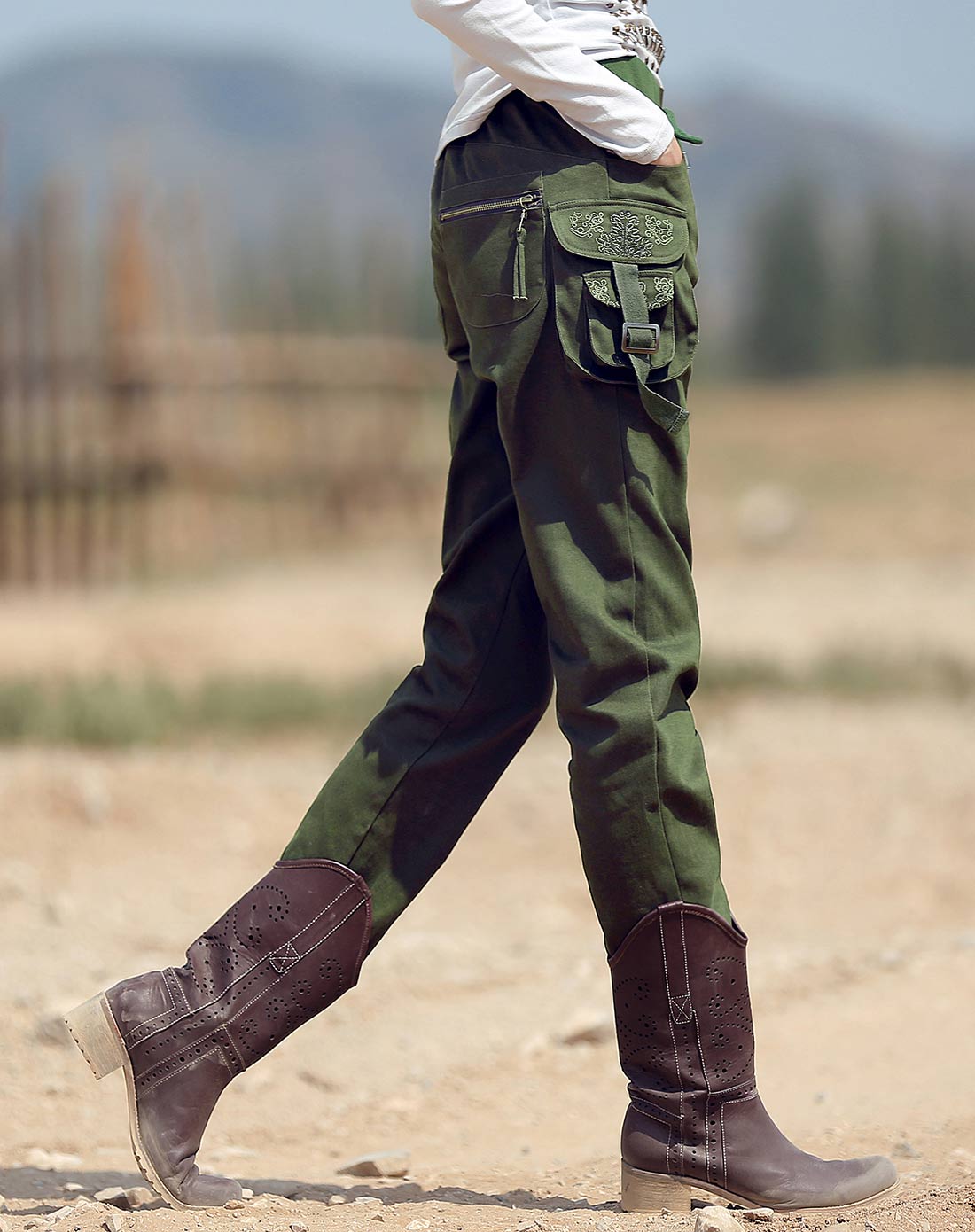 军绿军装风绣花立体贴袋休闲裤