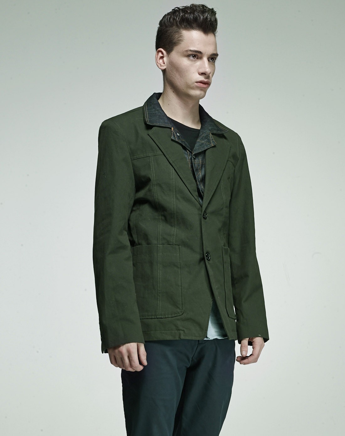 男款灰绿色现代军魂丹宁混拼西装