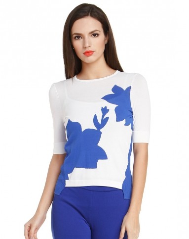 白/蓝色淑女织纹短袖针织衫