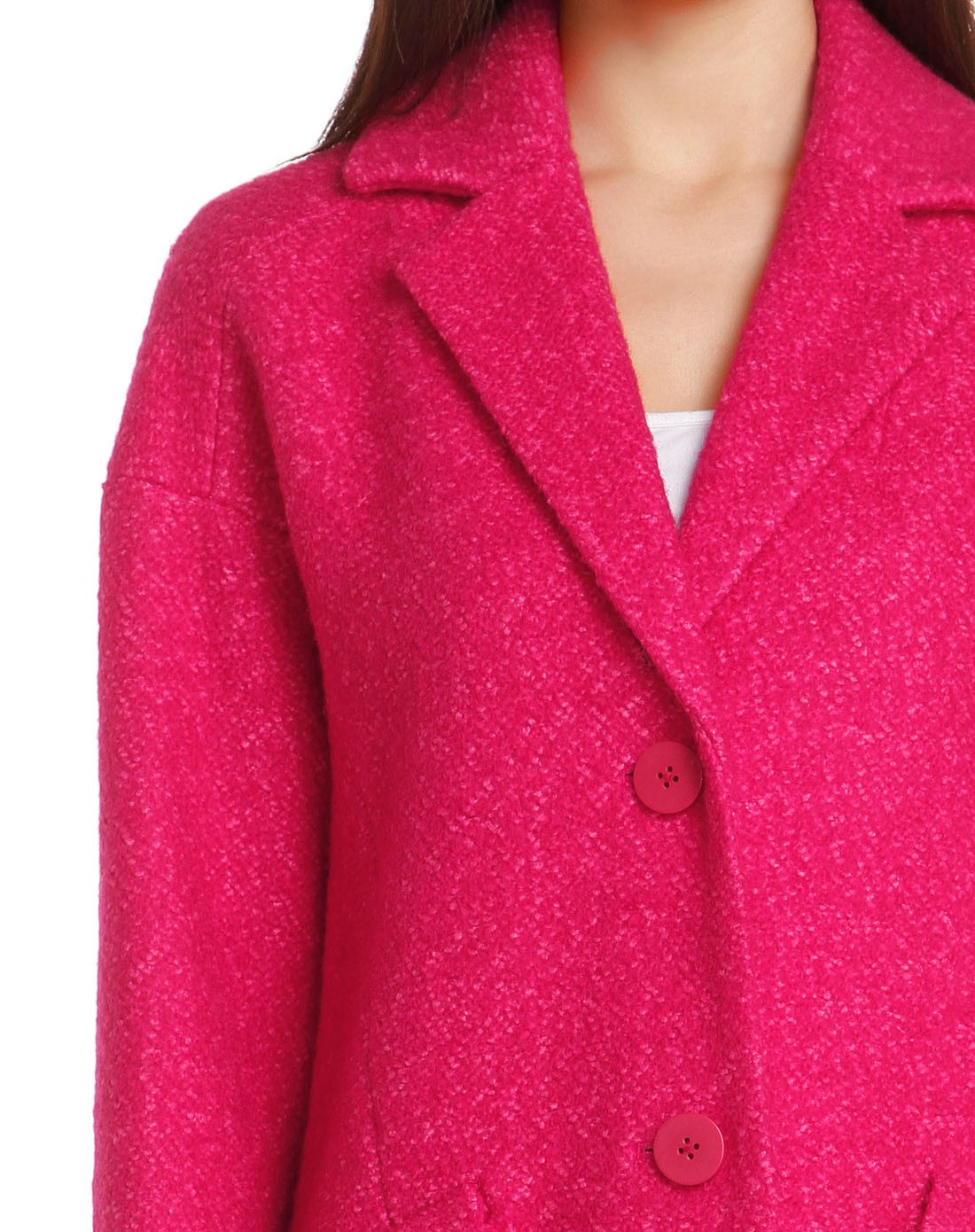 深玫红色典雅气质长袖长款大衣