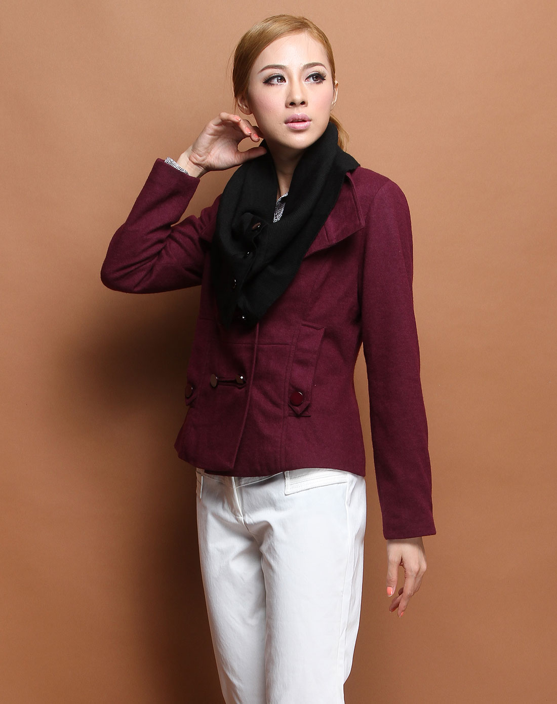 (异常)深紫红色简约长袖连衣裙