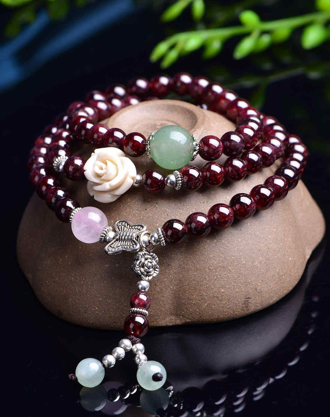 石榴石配银饰蝴蝶三圈手链附证书