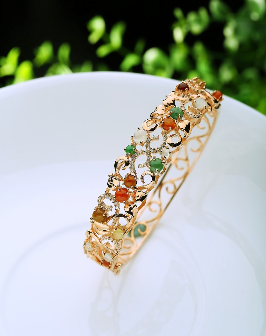 925银豪华镶嵌天然a货翡翠冰种多彩时尚气质手镯