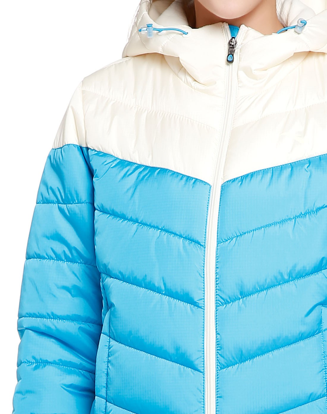 女款蓝配米白色长袖连帽棉服 保暖舒适