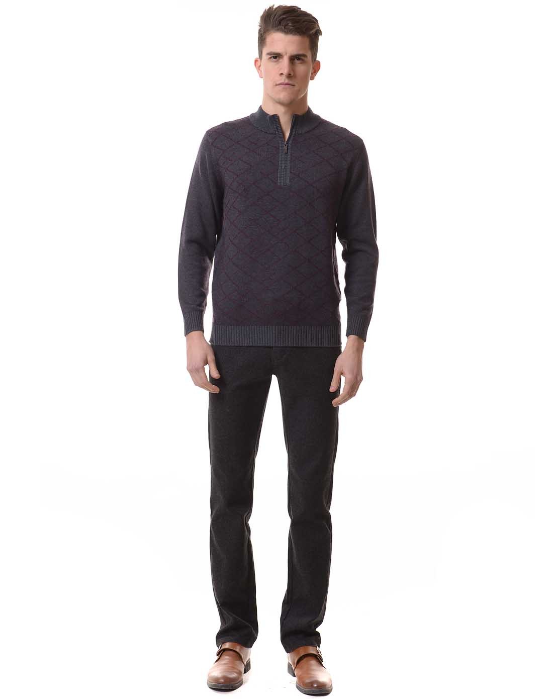 男款红灰色羊绒羊毛拉链立领中厚毛衫