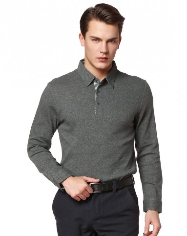 深绿灰色个性独特长袖翻领t恤