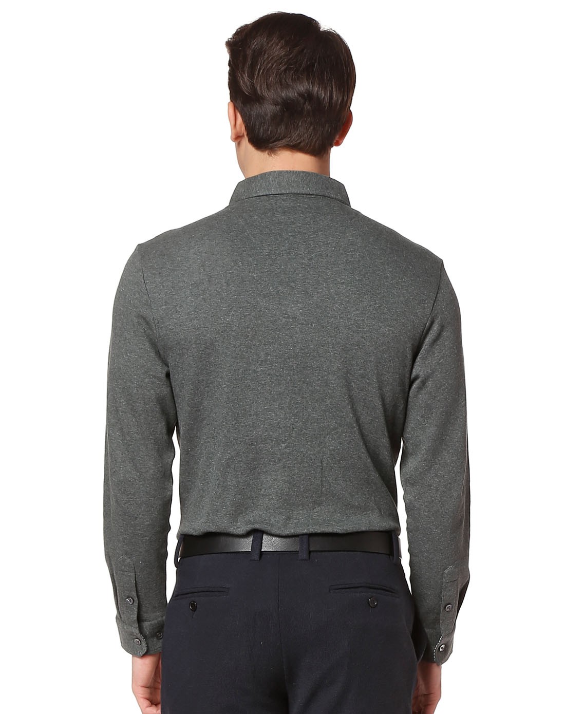 深绿灰色个性独特长袖翻领t恤