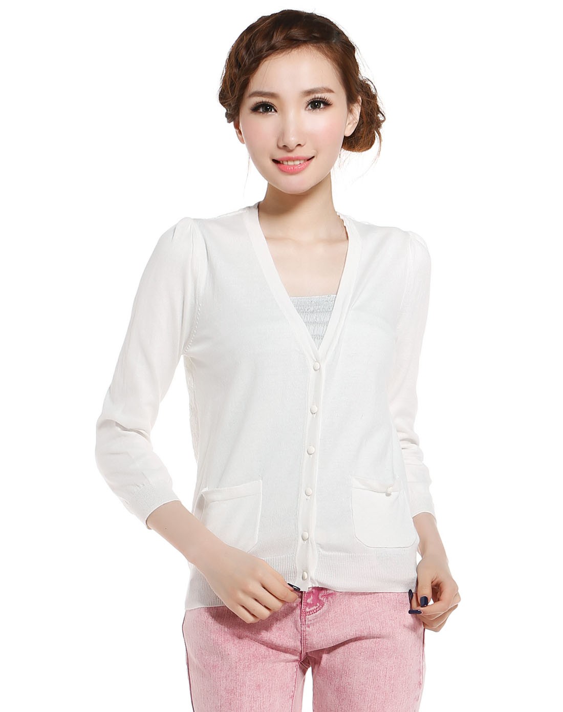 weekend本白色开襟九分袖针织衫