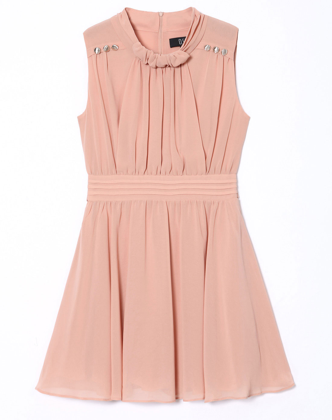 肉粉色修身褶皱雪纺连衣裙