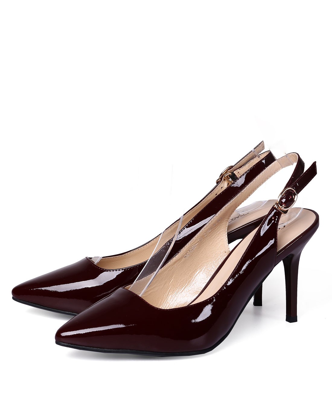 牛漆皮时尚时装细高跟后空一字扣单鞋