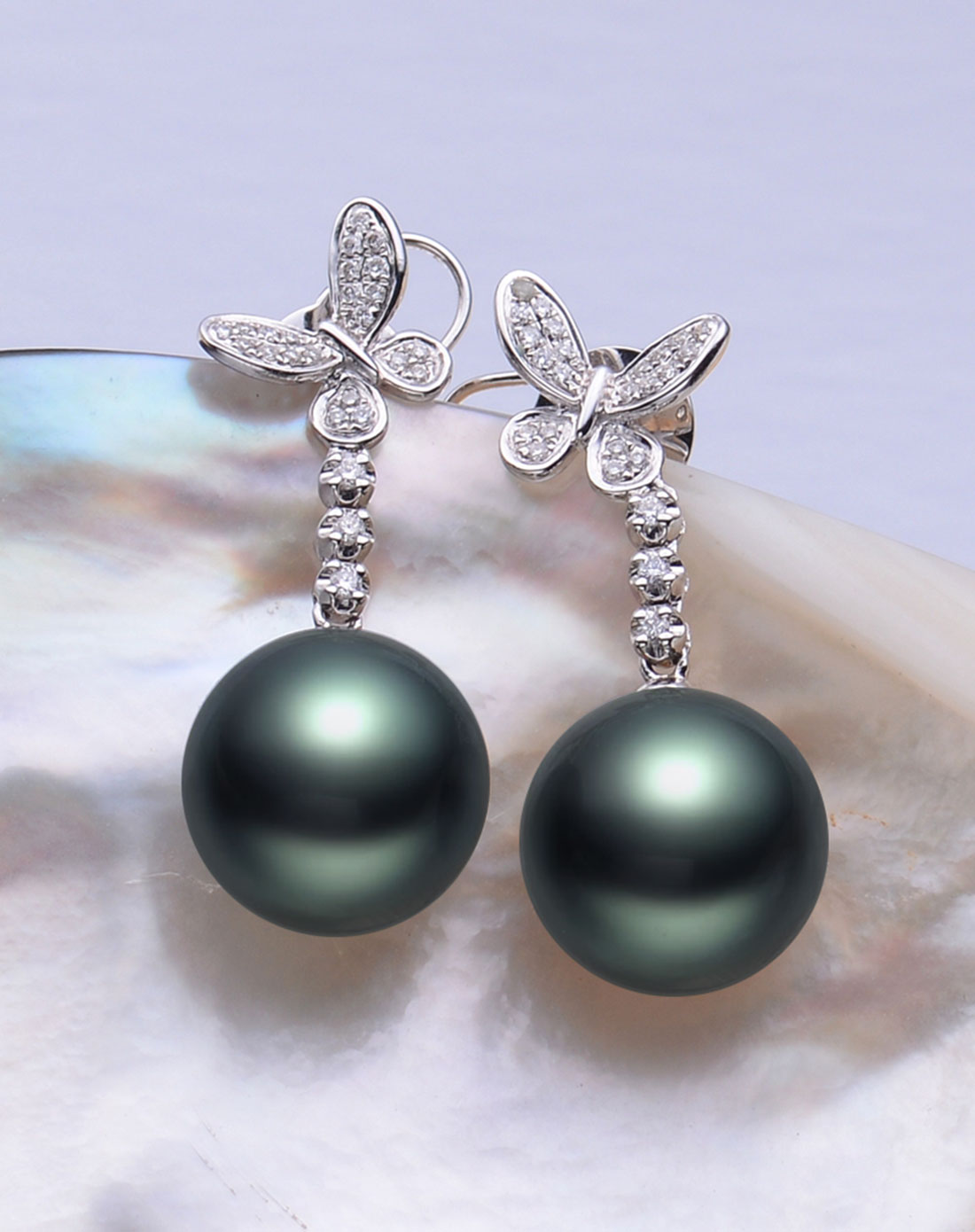 hanazo 蝶舞天涯g18k金镶钻11mm大溪地黑珍珠耳环(赠证书)