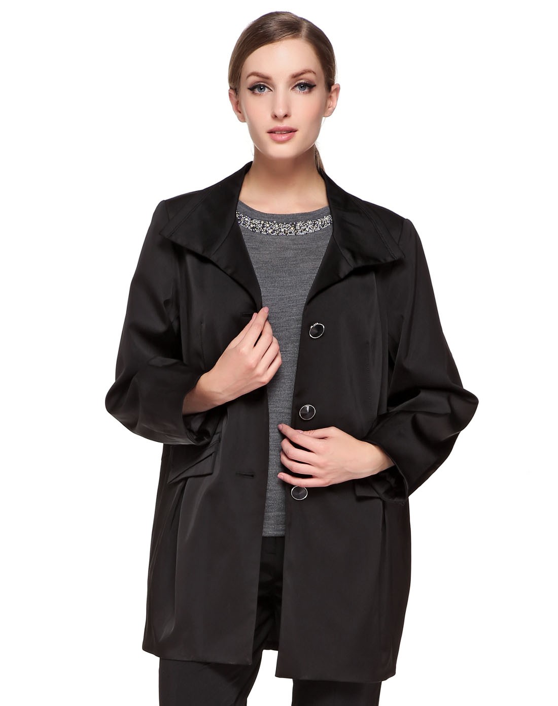 炭黑色优雅百搭长袖长款外套