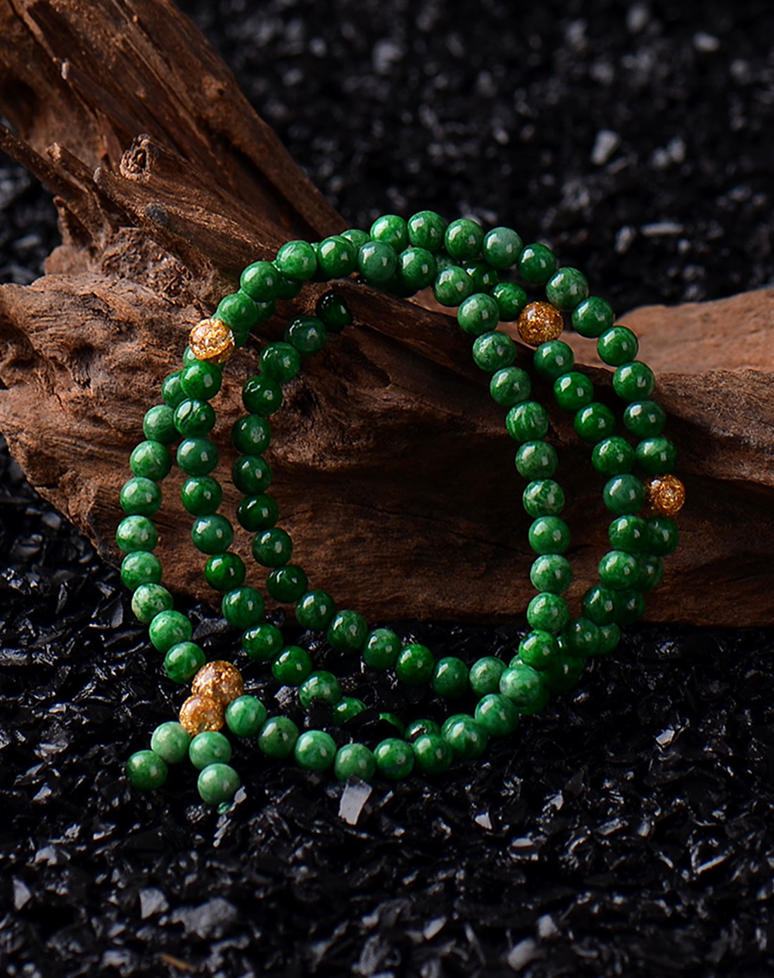 浓绿色铁龙生干青翡翠108佛珠手链金箔5mm