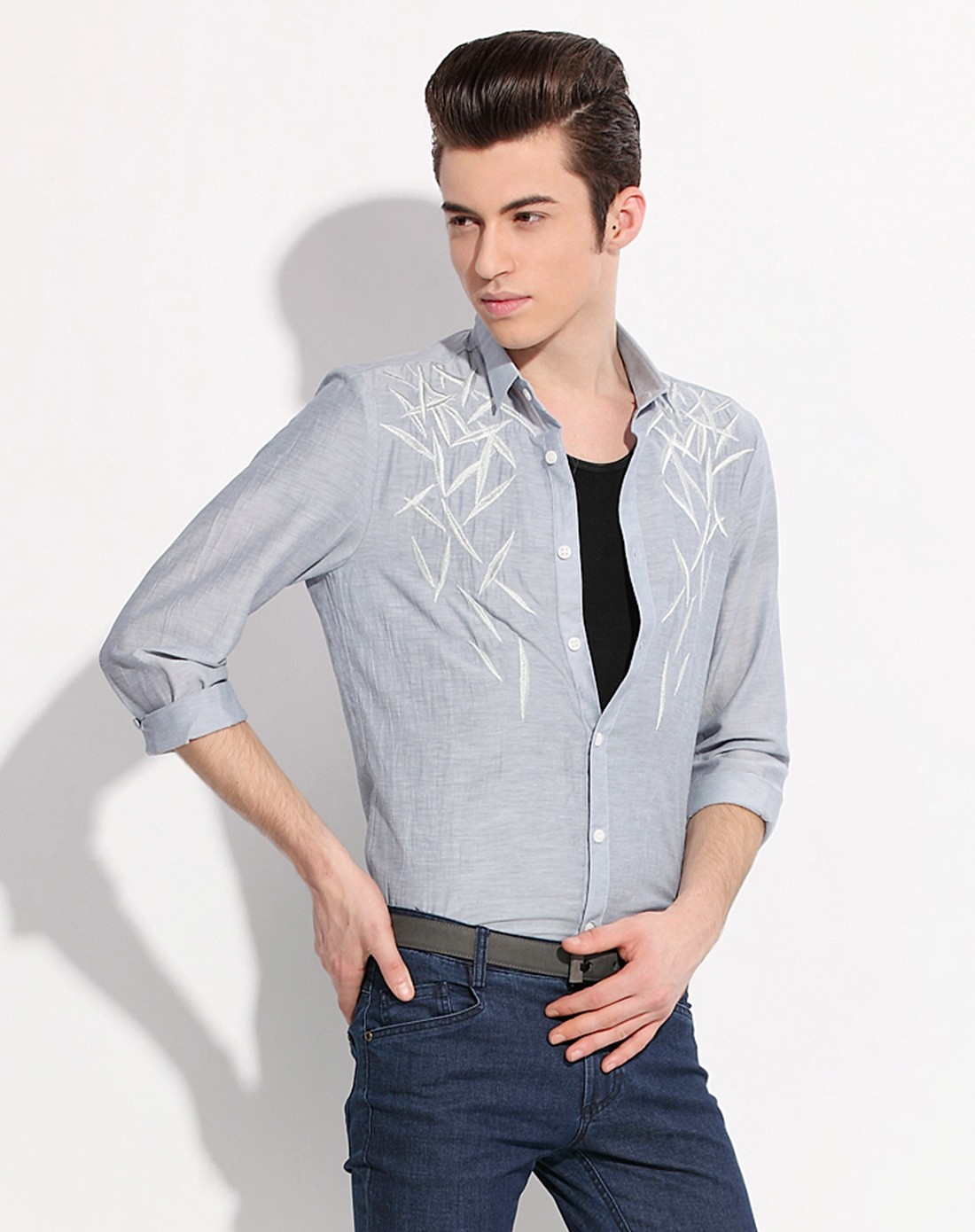 汉崇himuomo男装移动端专场灰色复古绣花长袖衬衫86266-401170gr_唯品