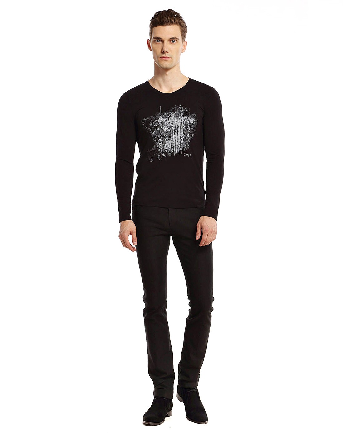 汉崇himuomo男装移动端专场黑色时尚印花长袖t恤86363b-603097b_唯品