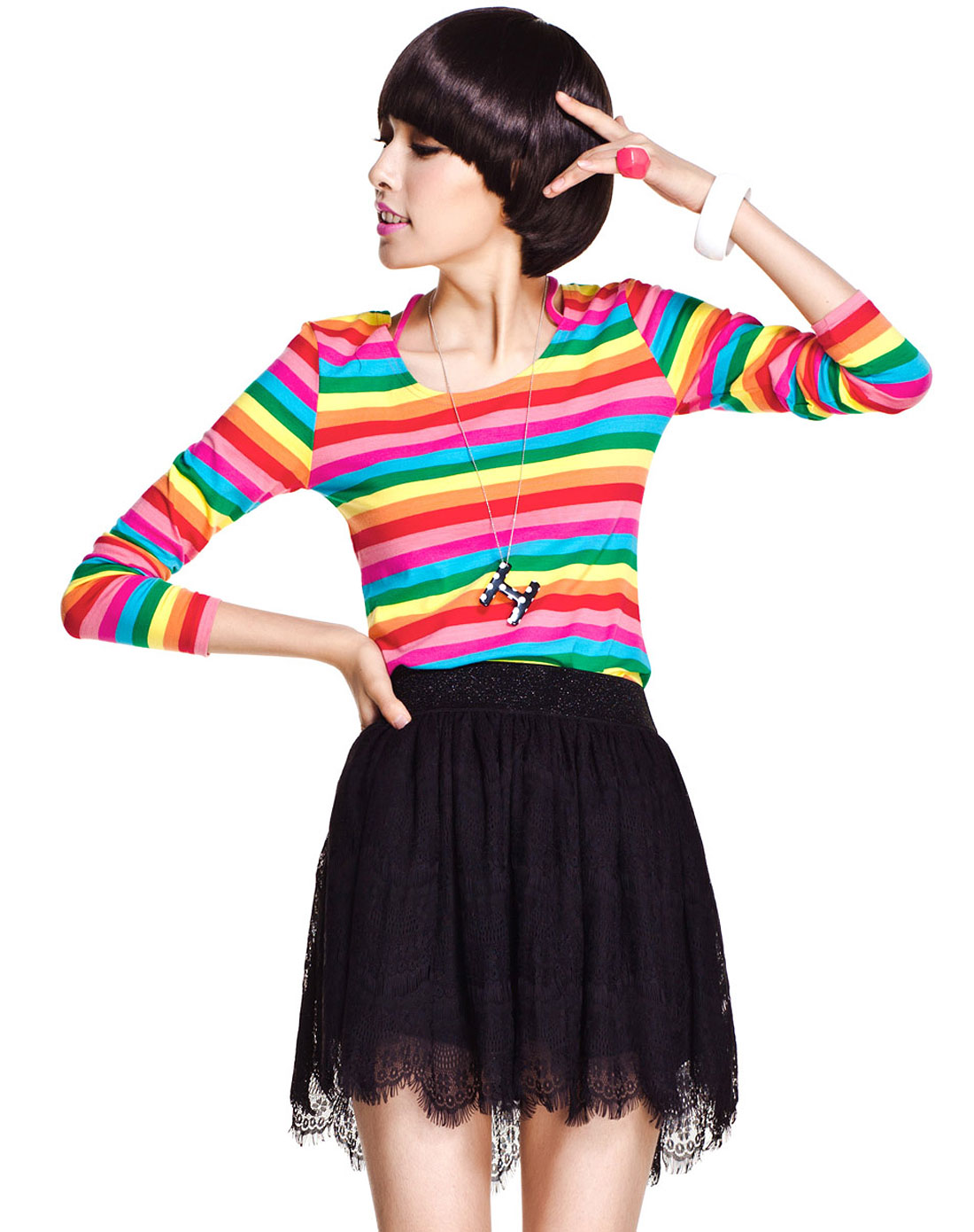 彩色条纹时尚长袖t恤